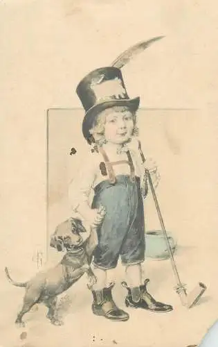 Funny humorous Postcard pipe smoking child with dog illustration