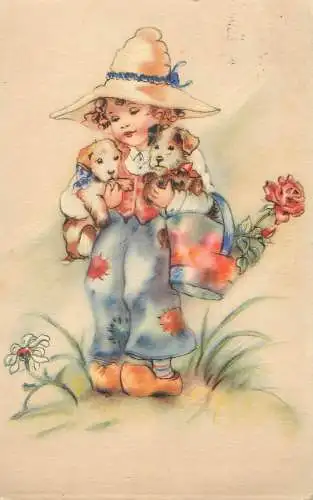 Funny humorous Postcard girl with puppies illustration drawing