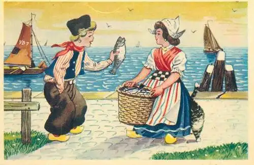 Funny humorous Postcard Dutch ethnic types and scenes fish selling ladies typical costumes