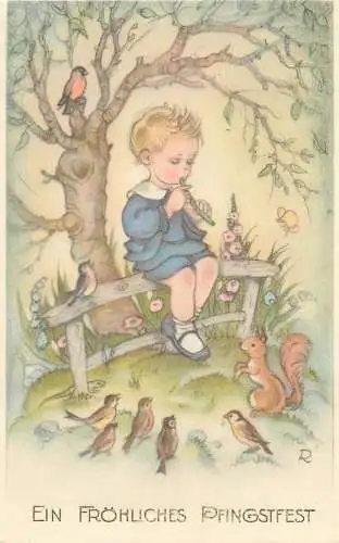 Pentecost greetings Postcard boy singing flute to squirrel and birds