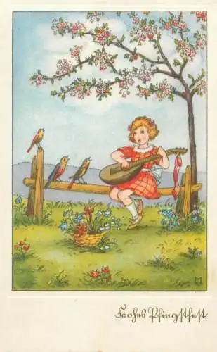 Pentecost greetings Postcard guitar singing girl birds choir springtime
