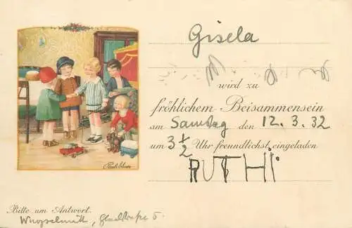 stationery signed Postcard children playing illustration