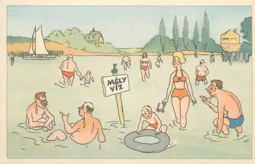 Postcard funny humorous signed drawing Toth Jozsef "Deep Water" strand lake caricature