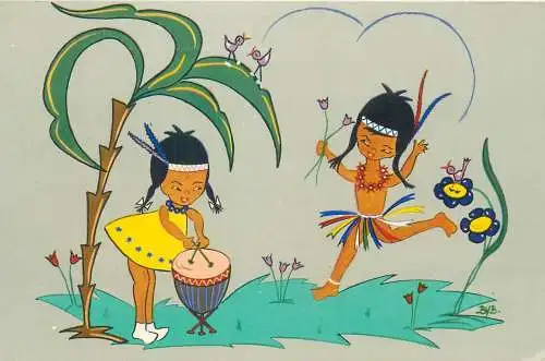 Postcard native American Indian women ethnic types funny humour ByB signed illustration