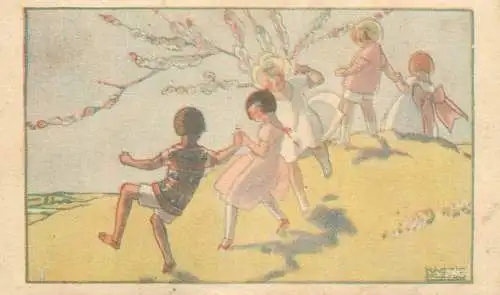 signed illustration Postcard springtime people dancing in the field