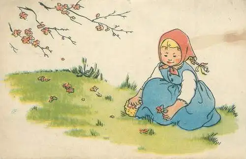Postcard flower picking girl illustration