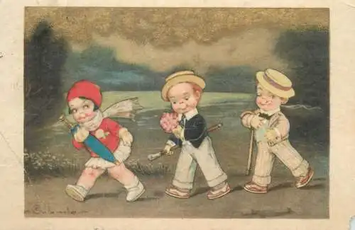 funny comic signed Postcard elegant gentleman following lady love triangle humorous illustration