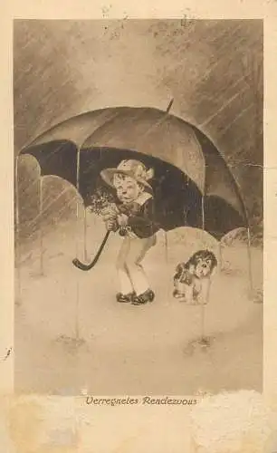 funny comic Postcard humorous caricature rainy day rendezvous