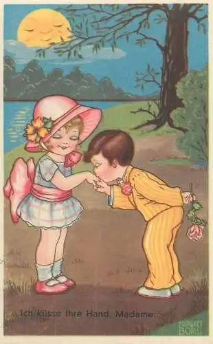 comic funny Postcard lovers couple caricature drawing gentleman kissing lady hand