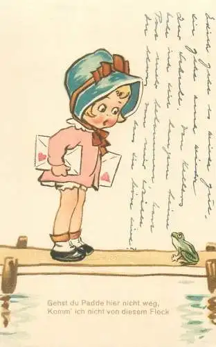 comic funny Postcard girl talking to toad humorous illustration