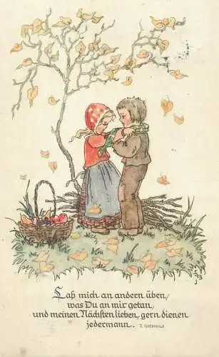Postcard autumn colours forest scenery mushroom picking peasant couple illustration drawing
