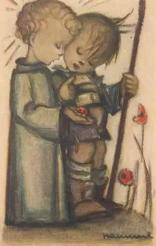 Postcard Hummel signed illustration drawing children with ladybug