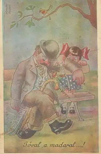 funny humour Postcard drunk man sleeping on bench caricature Kaszas Jambor signed illustration
