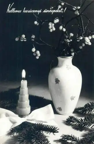 Christmas greetings Postcard vase floral arrangement lit burning candle