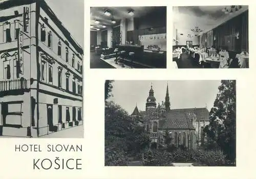 Postcard Slovakia Kosice multi view hotel "Slovan" and Church Saint Elizabeth gothic architecture