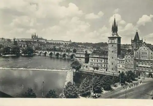 Post card Czech Republic Prague cityscape panorama Charles Bridge Clock Tower