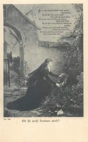 Postcard France woman mourning praying at cemetery