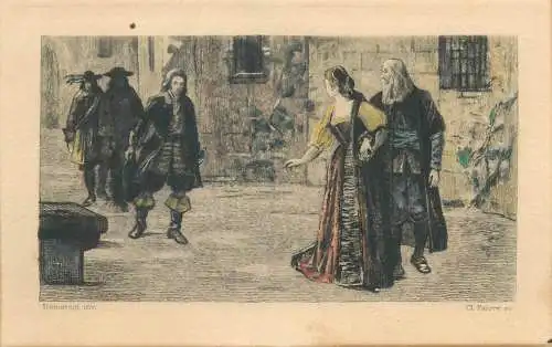 Postcard painting Demareat inv. Cl. Faivre renaisance scene city hat