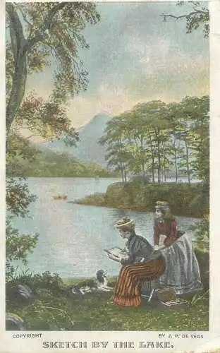 Postcard painting sketch by the lake lady hat dog 1910