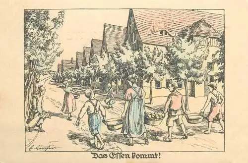 Postcard painting Das Effen pommt fruit carriers in village 1922