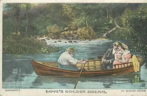 Postcard painting Love's golden dream rowboat couple by Bernard Higham