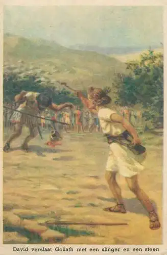 Religious illustration Postcard David defeats Goliath with a slingshot and a stone