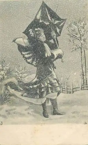 Postcard snowy winter day winter storm woman with umbrella
