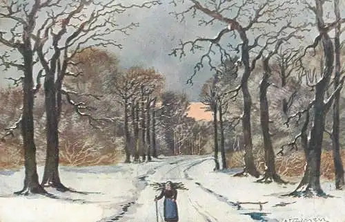 signed Postcard winter day forest scenery old lady with firewood