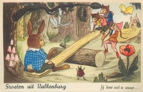 Netherlands Groeten uit Valkenburg Postcard funny illustration forest animals playing childhood games