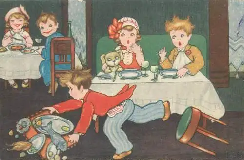 Postcard at the restaurant funny illustration Margret Boriss children