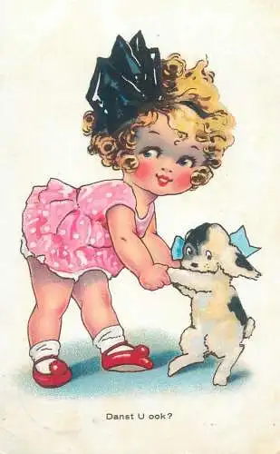 Postcard girl dancing with dog comic illustration