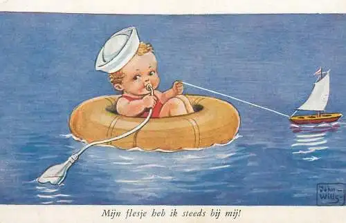 John Wills signed Postcard I always have my bottle with me funny illustration