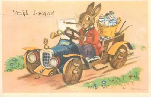 Easter greetings Postcard car driving bunny illustration
