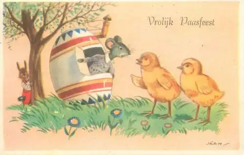 Easter greetings Postcard pencilled egg house mouse rabbit chicken poultry