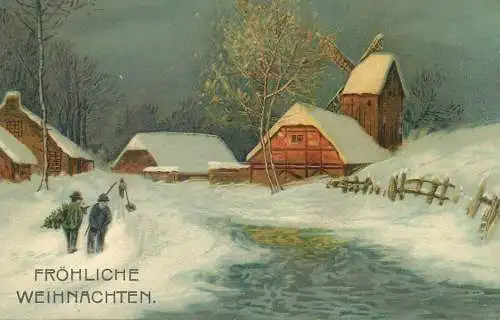 Frohliche Weihnachten greetings Christmas embossed Postcard winter night illustration