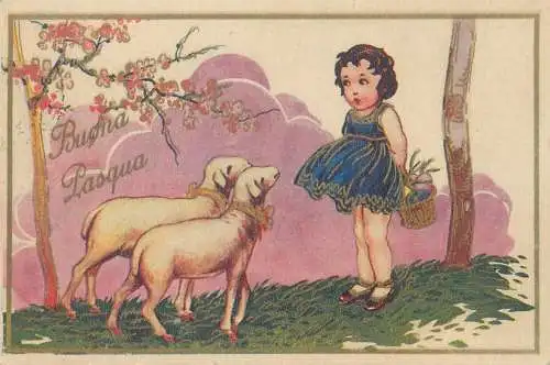 Easter greetings Postcard shepherd girl with painted eggs basket funny illustration
