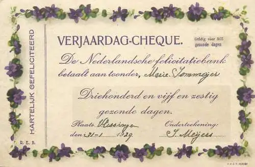 Dutch Postcard Birthday check greetings floral motif