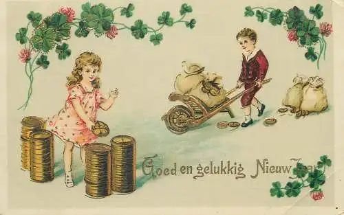 Good and Happy Year greetings Dutch Postcard four leaf-clover lucky charm money wheelbarrow