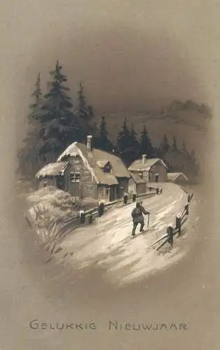 Postcard winter night New Year greetings