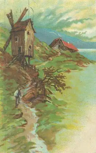 Postcard windmill countryside area painting