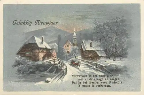 winter day horse drawn sleigh village view Post card illustration New Year greetings