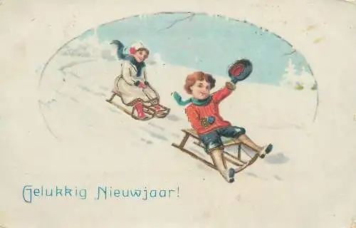 Postcard illustration New Year greetings sledding types and scenes winter joy