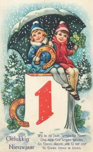 Postcard children types New Year greetings 1st January calendar snowy winter day