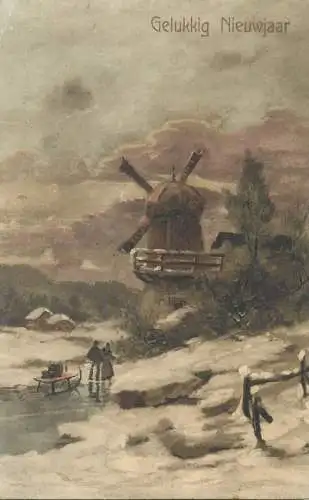 greetings New Year Dutch Postcard winter landscape windmill
