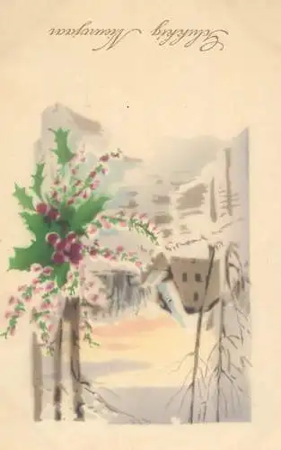 New Year greetings illustration Postcard winter day
