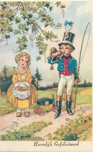 Heartfelt greetings Postcard illustration gallant courting romantic couple pair typical costumes