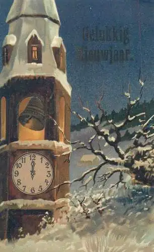 New Year greetings Dutch Postcard bell church tower night view illustration