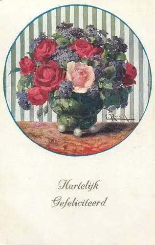 Heartfelt greetings Postcard roses vase floral arrangement signed painting