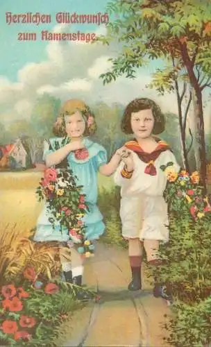 Name Day greetings Postcard illustration drawing children types in countryside