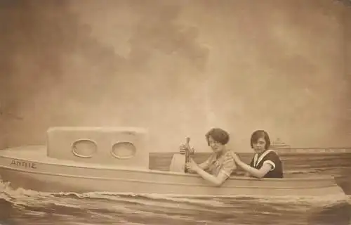 Social history Postcard elegant ladies friends photo on boat trip